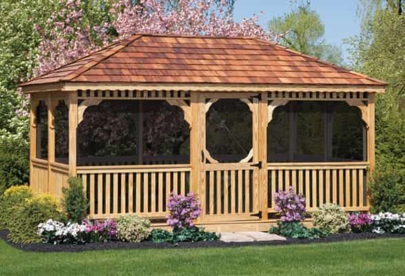 A wood rectangle gazebo features a screen for bug control.