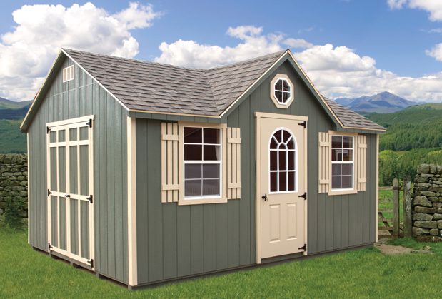 A green chalet shed is perfect for extra storage space in your yard.